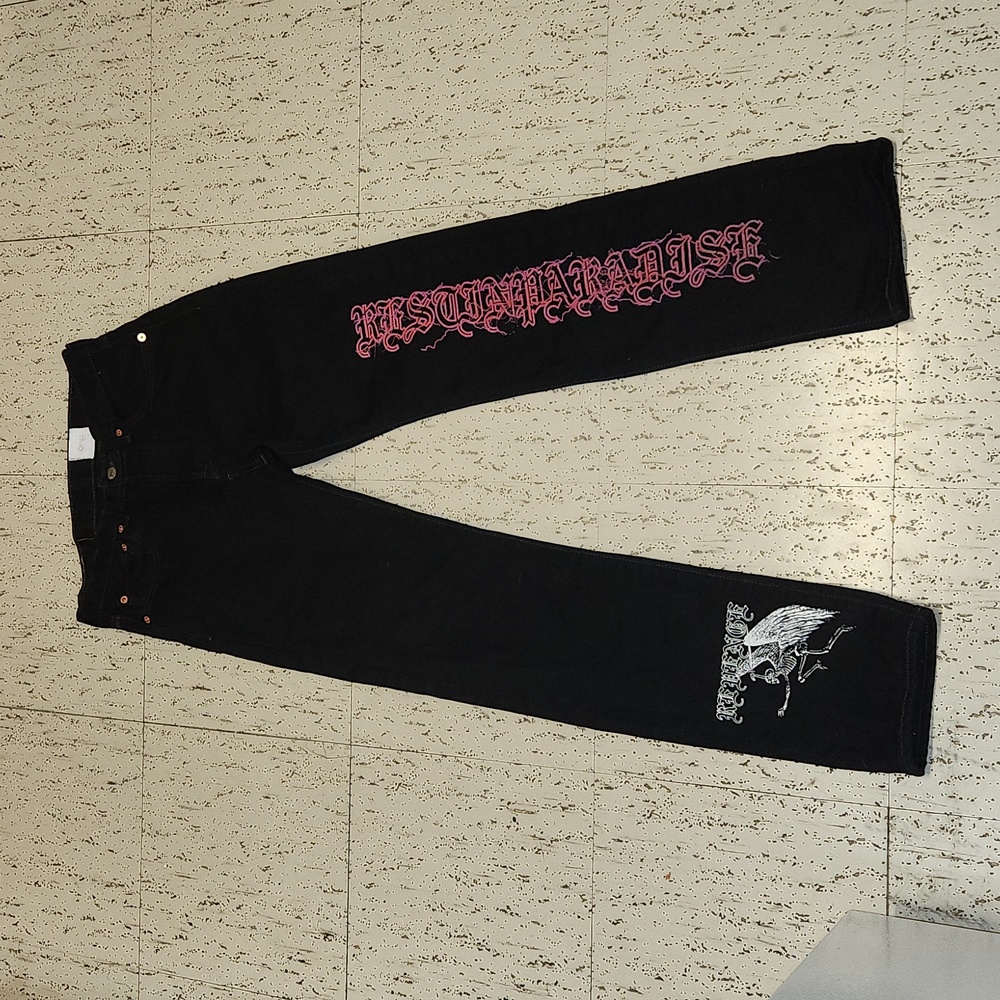 Levi's Revenge Black Rest In Paradise Spellout 501 Slim Fit Jeans